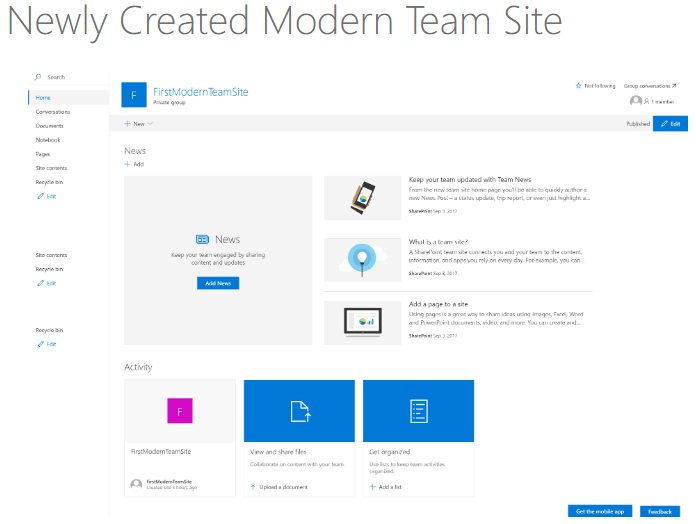 Newly Created Modern Team Site